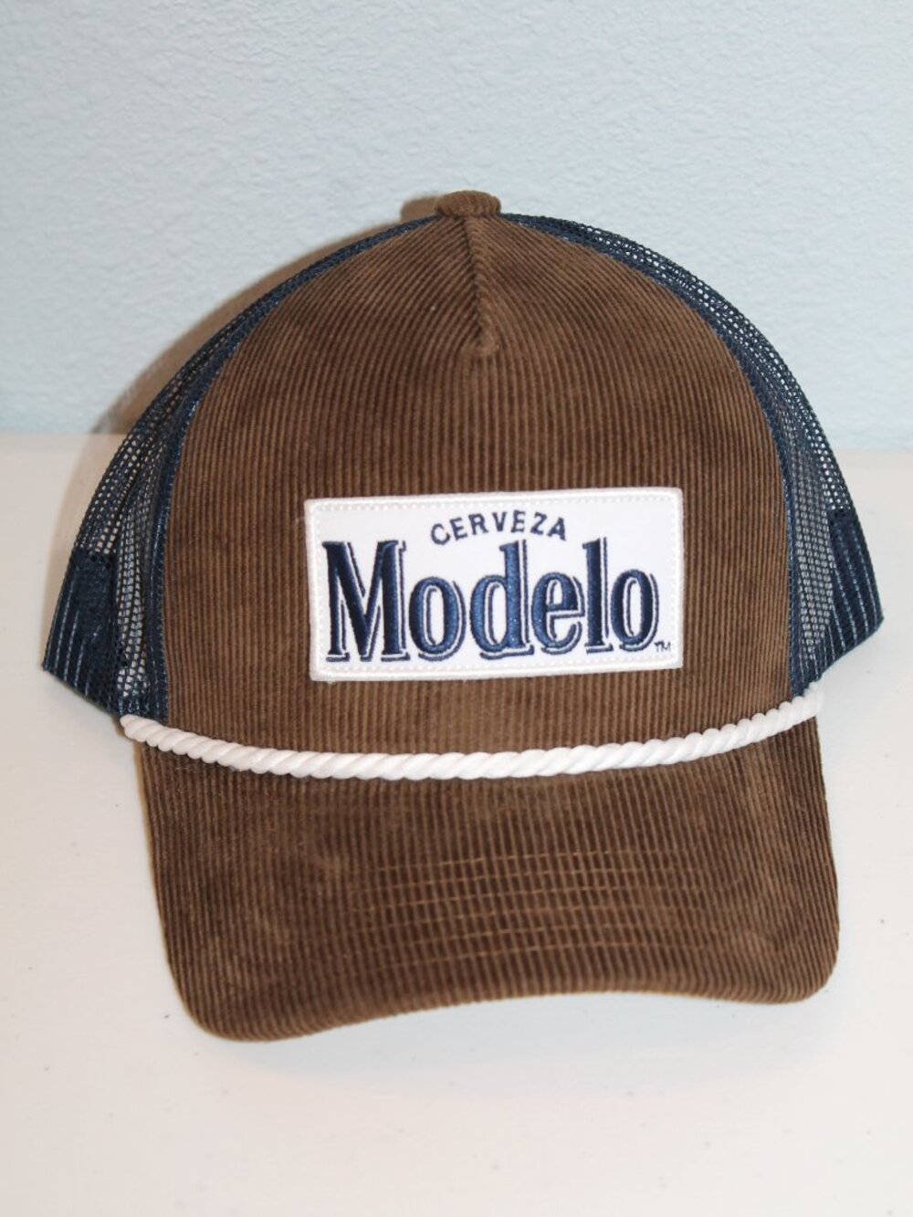 New Cerveza Modelo Brown and Blue Trucker Hat Corduroy Mesh Snap Back One Size